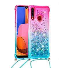 Custodia Silicone Cover Morbida Bling-Bling con Cinghia Cordino Mano S01 per Samsung Galaxy A20s Rosa