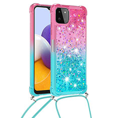 Custodia Silicone Cover Morbida Bling-Bling con Cinghia Cordino Mano S01 per Samsung Galaxy A22 5G Rosa