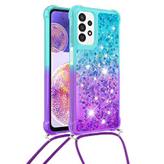 Custodia Silicone Cover Morbida Bling-Bling con Cinghia Cordino Mano S01 per Samsung Galaxy A23 5G Cielo Blu