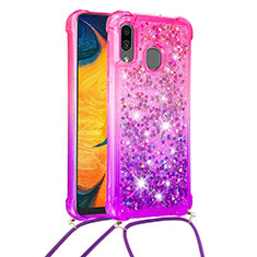 Custodia Silicone Cover Morbida Bling-Bling con Cinghia Cordino Mano S01 per Samsung Galaxy A30 Rosa Caldo