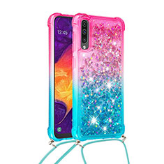 Custodia Silicone Cover Morbida Bling-Bling con Cinghia Cordino Mano S01 per Samsung Galaxy A30S Rosa