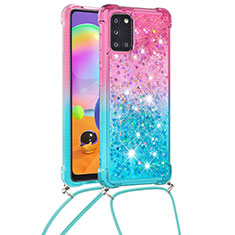 Custodia Silicone Cover Morbida Bling-Bling con Cinghia Cordino Mano S01 per Samsung Galaxy A31 Rosa