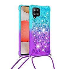 Custodia Silicone Cover Morbida Bling-Bling con Cinghia Cordino Mano S01 per Samsung Galaxy A42 5G Cielo Blu