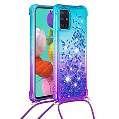 Custodia Silicone Cover Morbida Bling-Bling con Cinghia Cordino Mano S01 per Samsung Galaxy A51 4G Cielo Blu