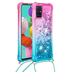 Custodia Silicone Cover Morbida Bling-Bling con Cinghia Cordino Mano S01 per Samsung Galaxy A51 5G Rosa