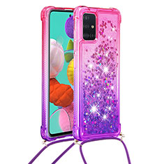 Custodia Silicone Cover Morbida Bling-Bling con Cinghia Cordino Mano S01 per Samsung Galaxy A51 5G Rosa Caldo