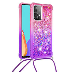 Custodia Silicone Cover Morbida Bling-Bling con Cinghia Cordino Mano S01 per Samsung Galaxy A52 4G Rosa Caldo