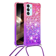 Custodia Silicone Cover Morbida Bling-Bling con Cinghia Cordino Mano S01 per Samsung Galaxy A55 5G Rosa Caldo