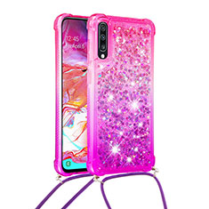 Custodia Silicone Cover Morbida Bling-Bling con Cinghia Cordino Mano S01 per Samsung Galaxy A70 Rosa Caldo