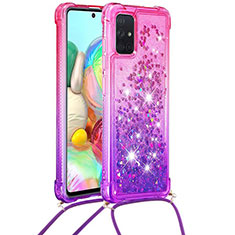 Custodia Silicone Cover Morbida Bling-Bling con Cinghia Cordino Mano S01 per Samsung Galaxy A71 4G A715 Rosa Caldo