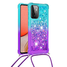 Custodia Silicone Cover Morbida Bling-Bling con Cinghia Cordino Mano S01 per Samsung Galaxy A72 5G Cielo Blu