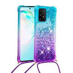 Custodia Silicone Cover Morbida Bling-Bling con Cinghia Cordino Mano S01 per Samsung Galaxy A91 Cielo Blu