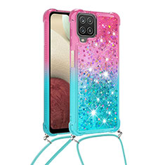 Custodia Silicone Cover Morbida Bling-Bling con Cinghia Cordino Mano S01 per Samsung Galaxy F12 Rosa