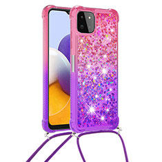 Custodia Silicone Cover Morbida Bling-Bling con Cinghia Cordino Mano S01 per Samsung Galaxy F42 5G Rosa Caldo