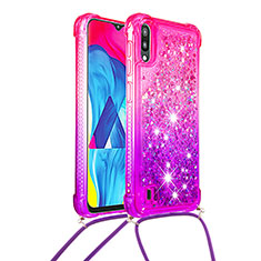 Custodia Silicone Cover Morbida Bling-Bling con Cinghia Cordino Mano S01 per Samsung Galaxy M10 Rosa Caldo