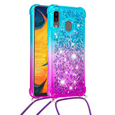 Custodia Silicone Cover Morbida Bling-Bling con Cinghia Cordino Mano S01 per Samsung Galaxy M10S Cielo Blu