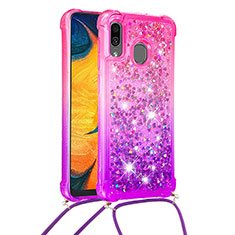 Custodia Silicone Cover Morbida Bling-Bling con Cinghia Cordino Mano S01 per Samsung Galaxy M10S Rosa Caldo