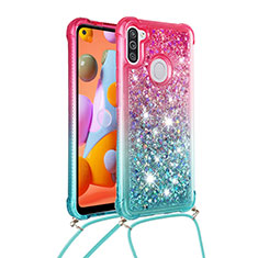 Custodia Silicone Cover Morbida Bling-Bling con Cinghia Cordino Mano S01 per Samsung Galaxy M11 Rosa