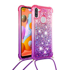 Custodia Silicone Cover Morbida Bling-Bling con Cinghia Cordino Mano S01 per Samsung Galaxy M11 Rosa Caldo