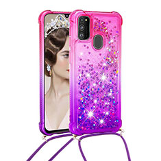 Custodia Silicone Cover Morbida Bling-Bling con Cinghia Cordino Mano S01 per Samsung Galaxy M21 Rosa Caldo