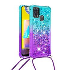 Custodia Silicone Cover Morbida Bling-Bling con Cinghia Cordino Mano S01 per Samsung Galaxy M31 Cielo Blu