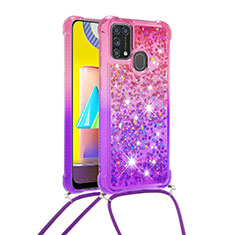 Custodia Silicone Cover Morbida Bling-Bling con Cinghia Cordino Mano S01 per Samsung Galaxy M31 Rosa Caldo