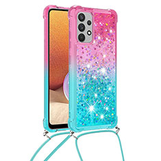 Custodia Silicone Cover Morbida Bling-Bling con Cinghia Cordino Mano S01 per Samsung Galaxy M32 5G Rosa