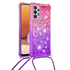 Custodia Silicone Cover Morbida Bling-Bling con Cinghia Cordino Mano S01 per Samsung Galaxy M32 5G Rosa Caldo