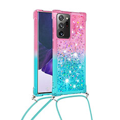 Custodia Silicone Cover Morbida Bling-Bling con Cinghia Cordino Mano S01 per Samsung Galaxy Note 20 Ultra 5G Rosa