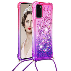 Custodia Silicone Cover Morbida Bling-Bling con Cinghia Cordino Mano S01 per Samsung Galaxy S20 Rosa Caldo