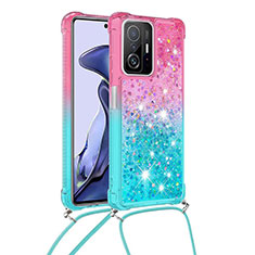 Custodia Silicone Cover Morbida Bling-Bling con Cinghia Cordino Mano S01 per Xiaomi Mi 11T 5G Rosa