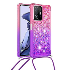 Custodia Silicone Cover Morbida Bling-Bling con Cinghia Cordino Mano S01 per Xiaomi Mi 11T Pro 5G Rosa Caldo