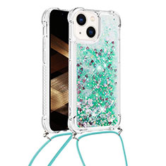 Custodia Silicone Cover Morbida Bling-Bling con Cinghia Cordino Mano S02 per Apple iPhone 13 Verde