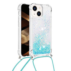 Custodia Silicone Cover Morbida Bling-Bling con Cinghia Cordino Mano S02 per Apple iPhone 14 Cielo Blu