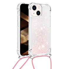 Custodia Silicone Cover Morbida Bling-Bling con Cinghia Cordino Mano S02 per Apple iPhone 15 Plus Rosa