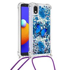 Custodia Silicone Cover Morbida Bling-Bling con Cinghia Cordino Mano S02 per Samsung Galaxy A01 Core Blu