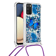Custodia Silicone Cover Morbida Bling-Bling con Cinghia Cordino Mano S02 per Samsung Galaxy A02s Blu