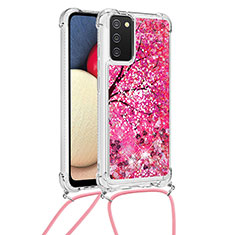 Custodia Silicone Cover Morbida Bling-Bling con Cinghia Cordino Mano S02 per Samsung Galaxy A03s Rosa Caldo