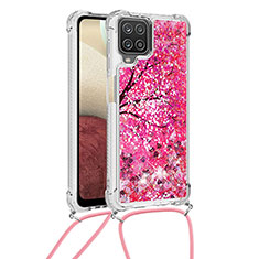 Custodia Silicone Cover Morbida Bling-Bling con Cinghia Cordino Mano S02 per Samsung Galaxy A12 Rosa Caldo