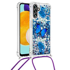 Custodia Silicone Cover Morbida Bling-Bling con Cinghia Cordino Mano S02 per Samsung Galaxy A13 5G Blu