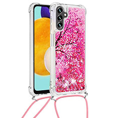 Custodia Silicone Cover Morbida Bling-Bling con Cinghia Cordino Mano S02 per Samsung Galaxy A13 5G Rosa Caldo