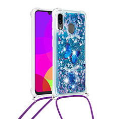 Custodia Silicone Cover Morbida Bling-Bling con Cinghia Cordino Mano S02 per Samsung Galaxy A20 Blu