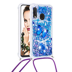 Custodia Silicone Cover Morbida Bling-Bling con Cinghia Cordino Mano S02 per Samsung Galaxy A20e Blu