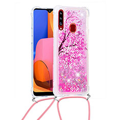 Custodia Silicone Cover Morbida Bling-Bling con Cinghia Cordino Mano S02 per Samsung Galaxy A20s Rosa Caldo
