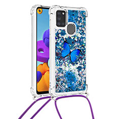 Custodia Silicone Cover Morbida Bling-Bling con Cinghia Cordino Mano S02 per Samsung Galaxy A21s Blu