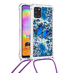 Custodia Silicone Cover Morbida Bling-Bling con Cinghia Cordino Mano S02 per Samsung Galaxy A31 Blu