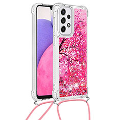 Custodia Silicone Cover Morbida Bling-Bling con Cinghia Cordino Mano S02 per Samsung Galaxy A33 5G Rosa Caldo