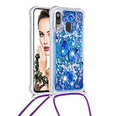 Custodia Silicone Cover Morbida Bling-Bling con Cinghia Cordino Mano S02 per Samsung Galaxy A40 Blu