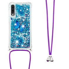 Custodia Silicone Cover Morbida Bling-Bling con Cinghia Cordino Mano S02 per Samsung Galaxy A50 Blu