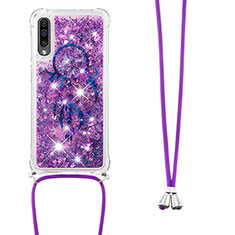 Custodia Silicone Cover Morbida Bling-Bling con Cinghia Cordino Mano S02 per Samsung Galaxy A50 Viola